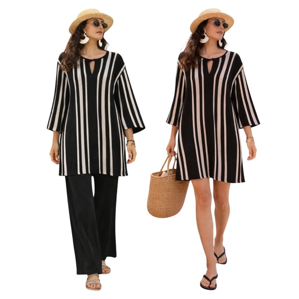 Zara Black Ivory Striped Boho Tunic Long Sleeve Minimalist Beach Women’s Large - Picture 8 of 12